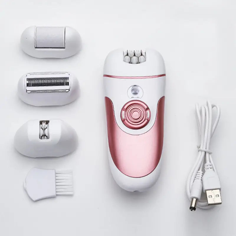 4-in-1 hair removal device for women, with LED light, thin and wide electric tweezers, with pedi care head, wireless, USB rechargeable
