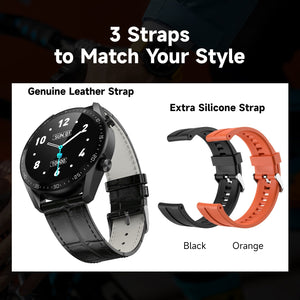 Smart Watch  G-tab GTS, IPS 1.28 Inches, Battery 220mAh, Black Strap Leather with 2 Extra Silicon Straps Orange-Black, IP67 waterproof, support calling.