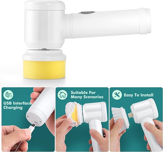 Cordless Home Cleaning Brush for Bathroom, Sink, Kitchen, Wall, Oven, with 3 Different Heads